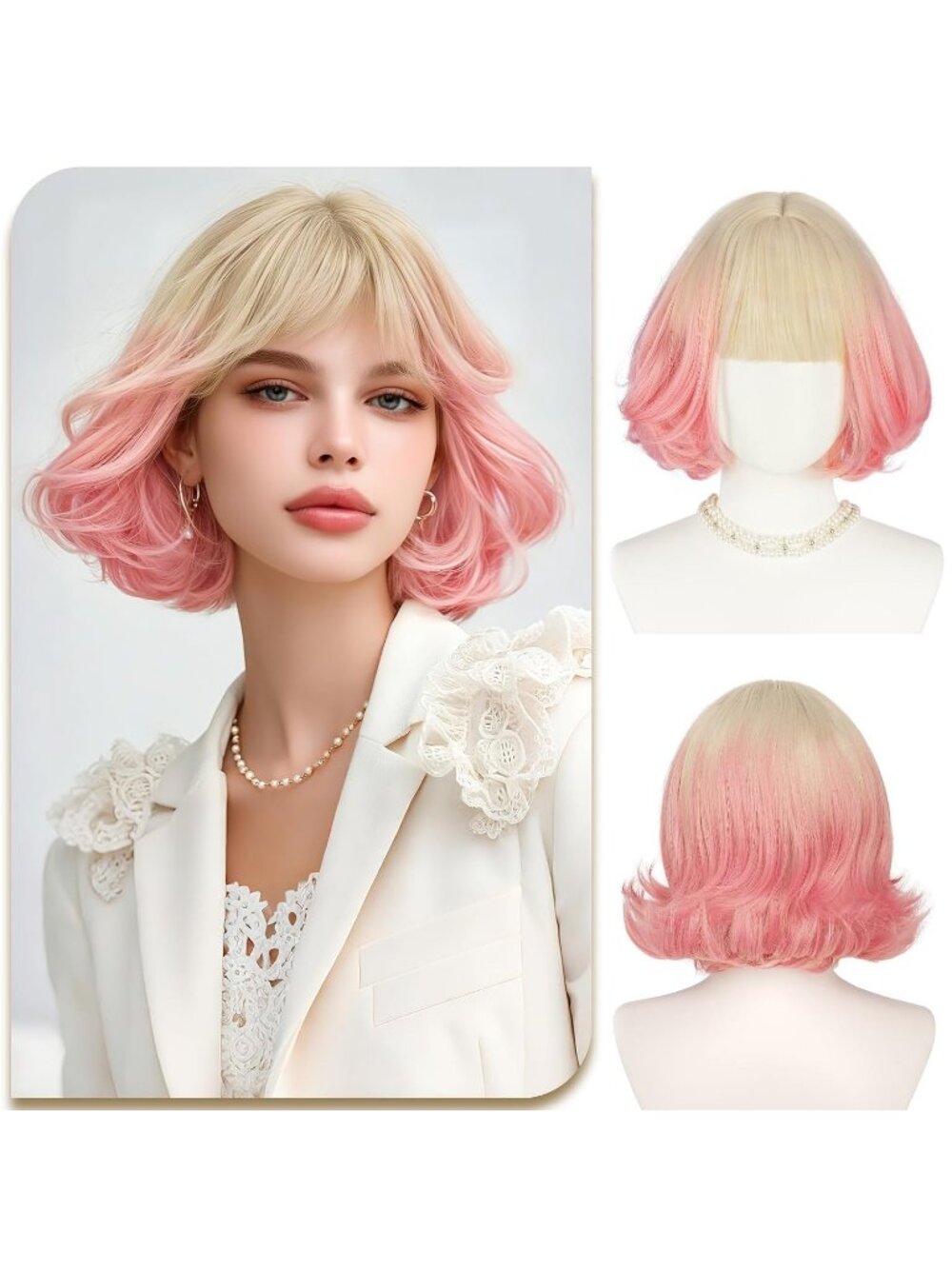 12 Inch Women's Blonde to Pink Ombre Layered Synthetic Bob Wig Natural Bangs